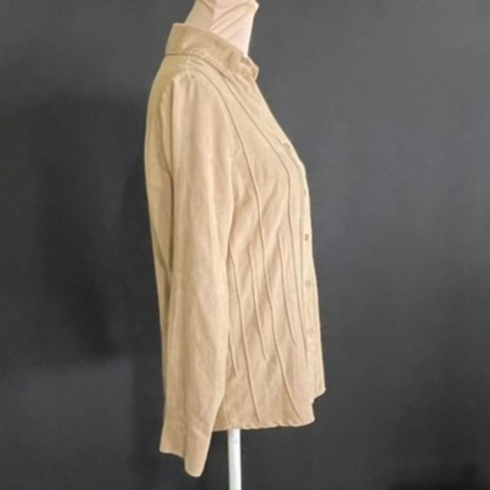 Notations Button Down Shirt Women Small Tan Good Pintuck Faux Suede MSDB0101 - Picture 2 of 9